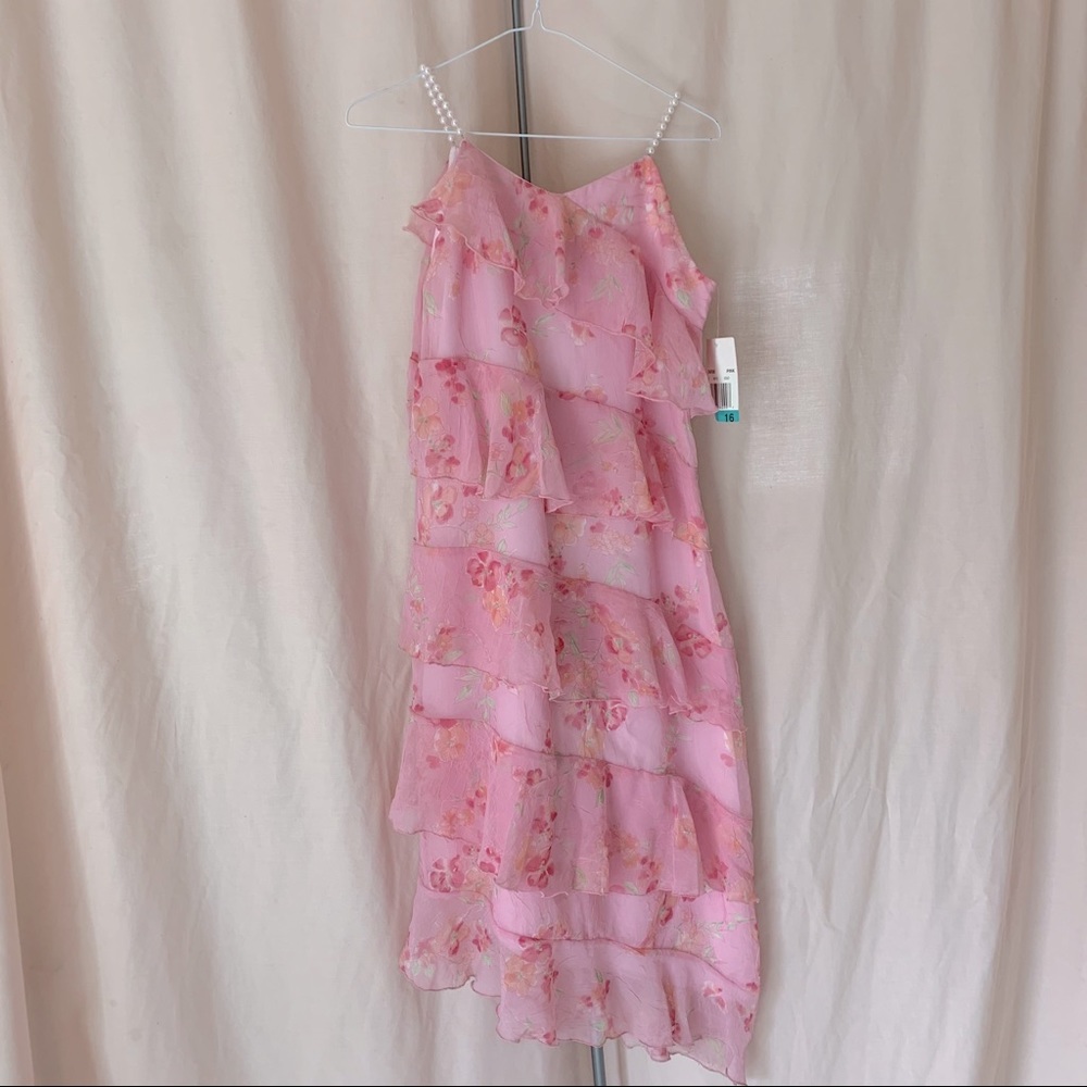 Pink Floral Ruffle Asymmetrical Dress, Pearl Strap